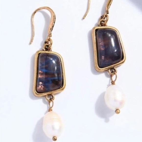 Dichroic Glass Amber Blue Swirl Art Deco Gold Marcasite Freshwater Pearl Dangles - Picture 1 of 4